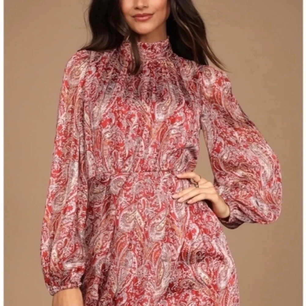 Lulus Paisley Long Sleeves Mini Cocktail Dress - Picture 2 of 13